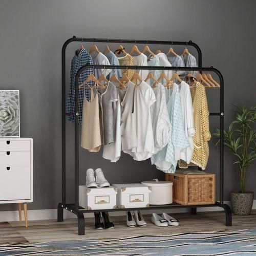 Portant à Vêtements, Robuste, en Métal, avec Support pour Chaussures, Cintres pour Chemises, Pantalons, Vestes Minces (Noir)