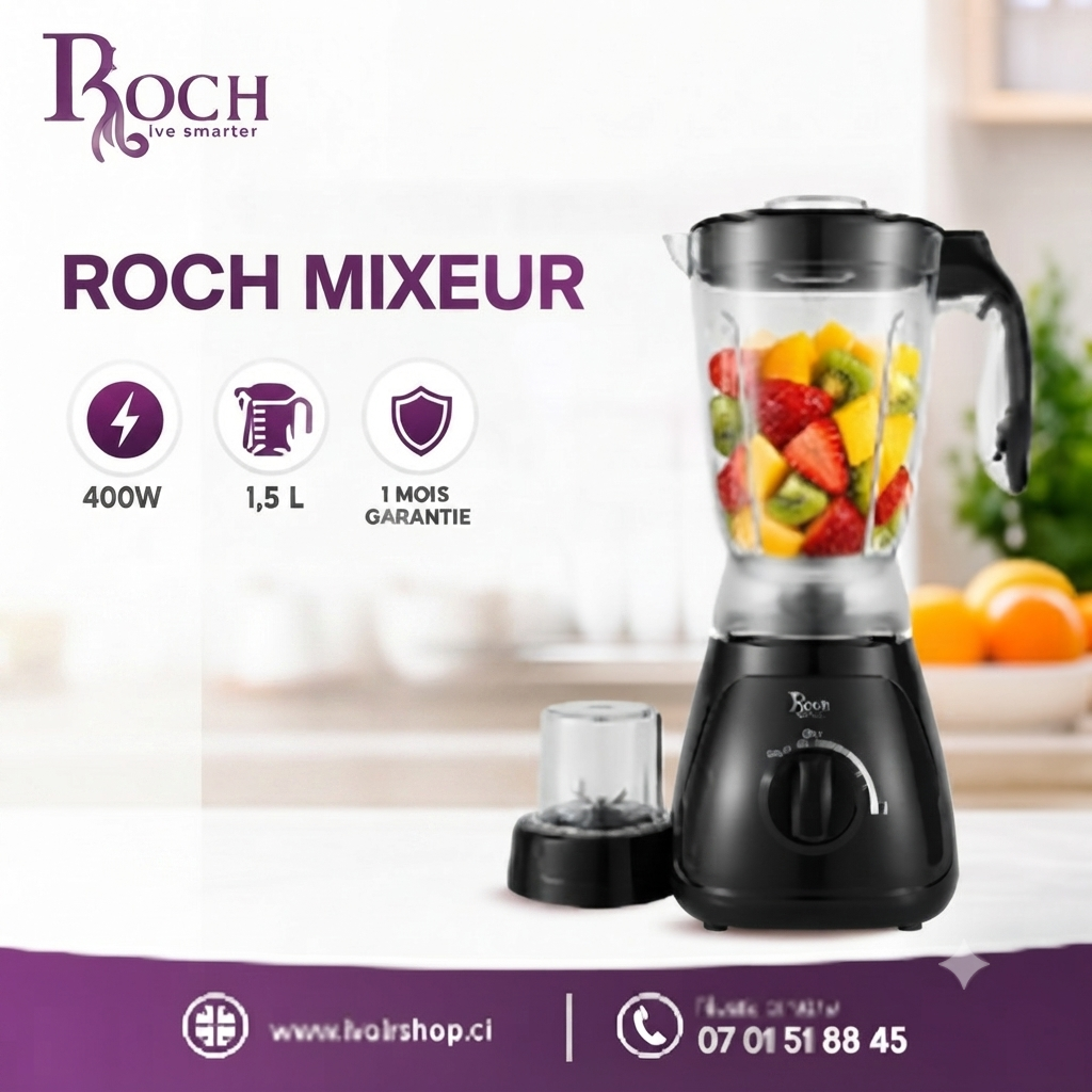 Roch Mixeur - RBL-127-C - 400 W 1,5 L - NOIR - 3 mois de garantie