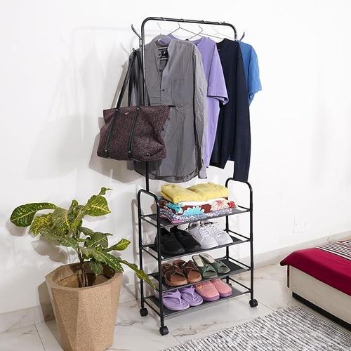 Porte vêtements avec roulettes, 4 étagères et 2 crochets, 3 en 1, en métal, avec support pour vêtements, organisateur de rangement ouvert pour manteaux, livres, chaussures