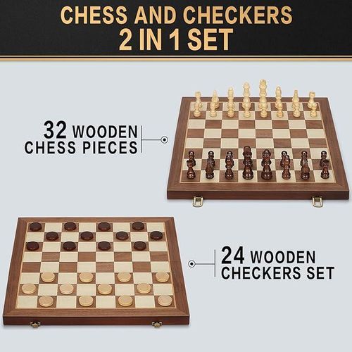Jeu de société magnétique 2 en 1 en bois comprenant un plateau d'échecs et de dames, un plateau pliable de 38 cm avec 2 reines supplémentaires