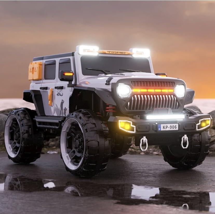 Jeep électrique rechargeable pour enfants avec lumières LED colorées et aventure musicale - 3 à 10 ans - Gris