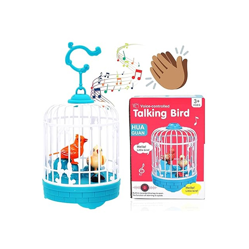 Oiseau parlant pour enfants | Jouet interactif qui répète ce que vous dites | Chante et gazouille dans sa cage - Bleu