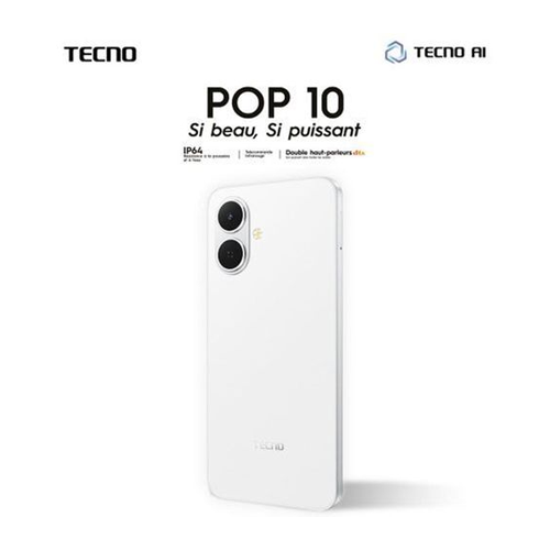 Tecno POP 10C – 4G – 64GO ROM- (2+2)GO RAM -2 SIM – 13MP-5000MAH – Blanc