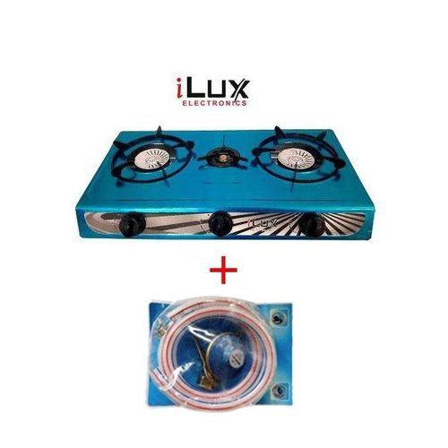 Ilux Cuisinière à Gaz - Réchaud 3 Feux + Raccord Offert - Bleu