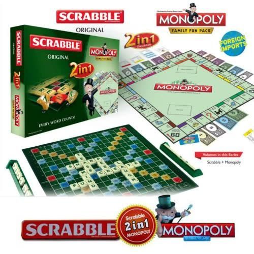 Jeu de société familial 2 en 1 Scrabble + Monopoly