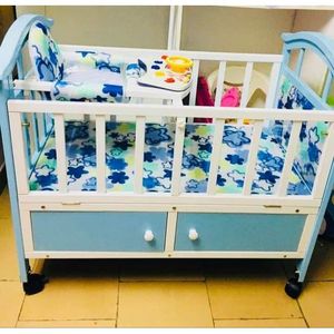 Lit Berceau Bébé Évolutif en Bois avec Rangement Intégré - Bleu