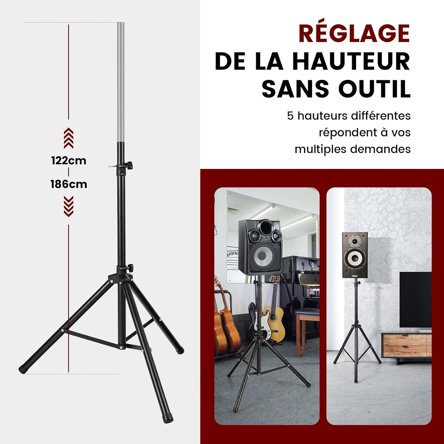 Trépied de Haut-Parleurs en Fer+PP Hauteur Réglable 97-181 cm Excellente Stabilité Pieds Antidérapant pour Le Bureau Maison...-3