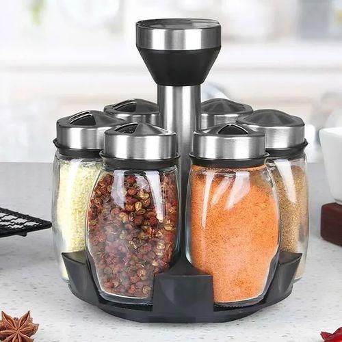 Ensemble de 7 pots à épices rotatifs en verre avec support