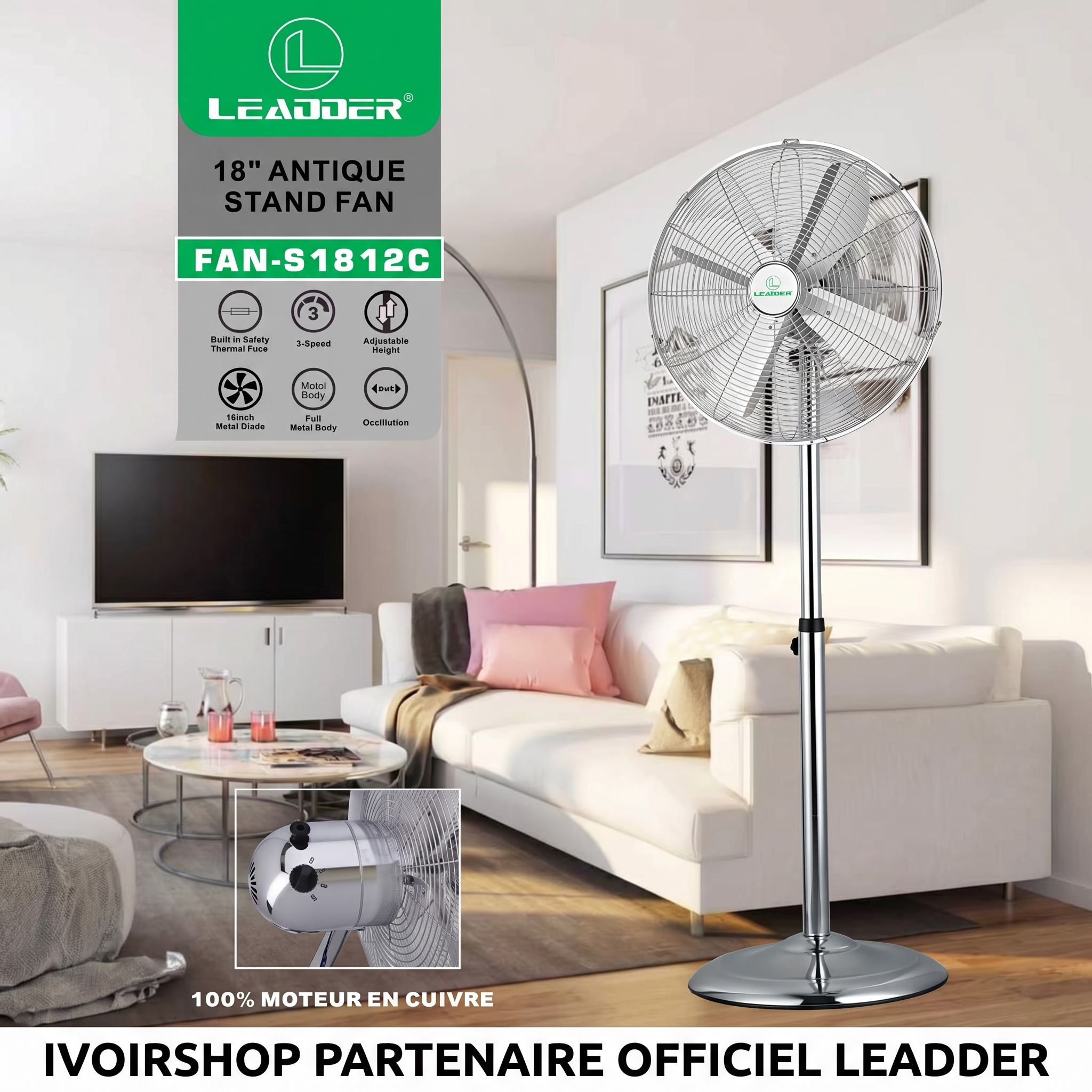 Ventilateur sur pied antique 18" – 3 vitesses - Élégance vintage et performance durable