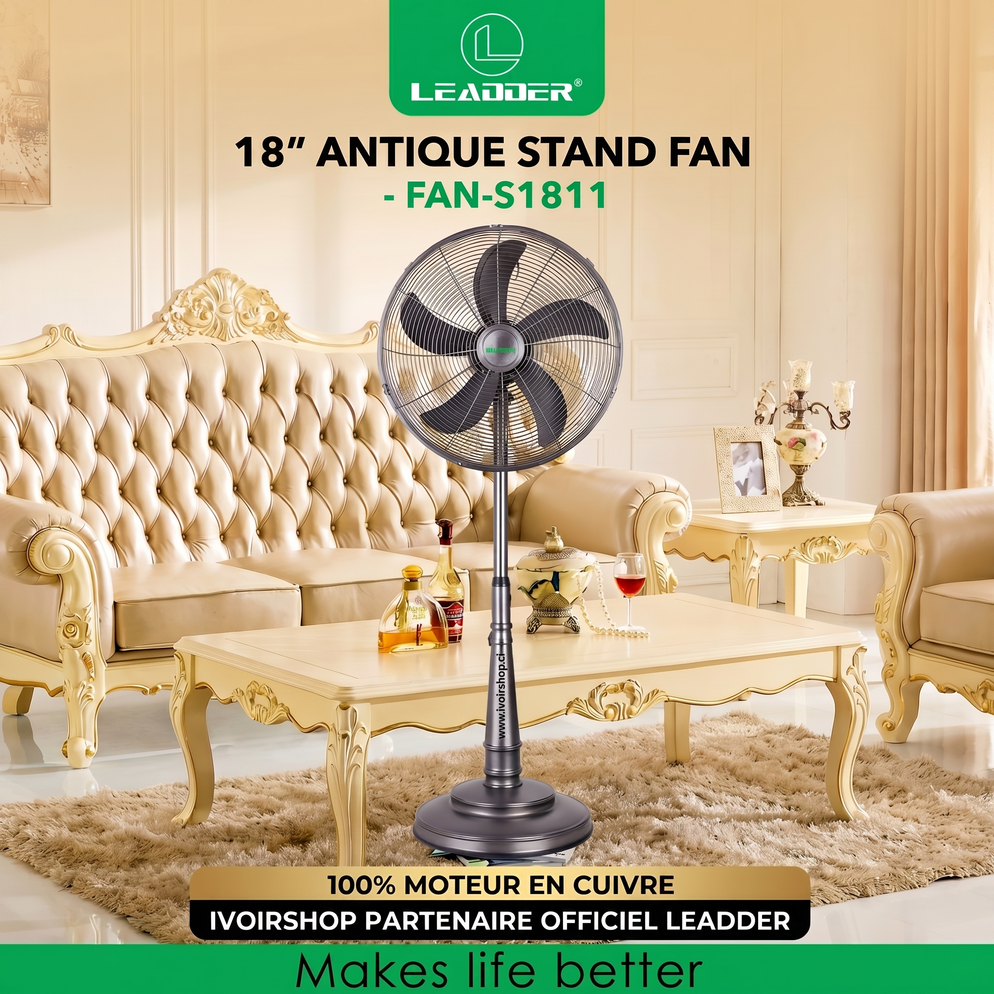 Ventilateur sur pied antique 18" de luxe – 3 vitesses - Élégance vintage et performance durable