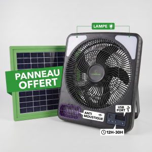 Grand Ventilateur Rechargeable Solaire Au Sol – Panneau solaire offert – Anti moustique – 12h-24h autonomie