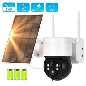 Caméra de surveillance extérieure sans fil HD 1080p à énergie solaire, système de sécurité domestique panoramique et inclinable, Wi-Fi - Blanc