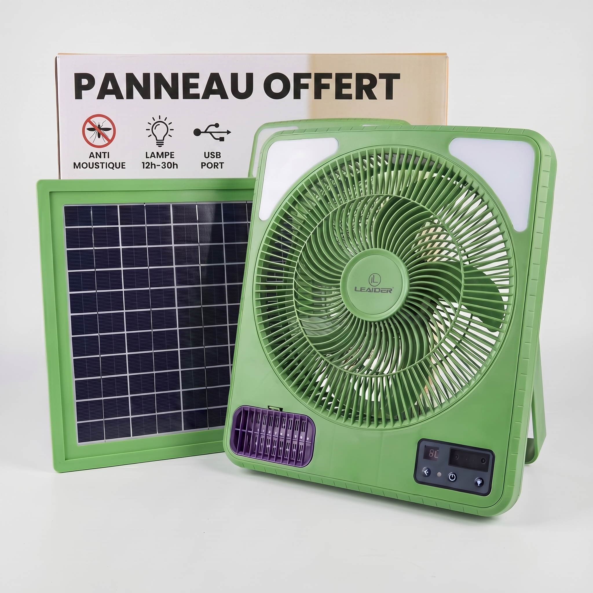 Grand Ventilateur Rechargeable Solaire Au Sol - Panneau solaire offert - Anti moustique - 12h-24h autonomie