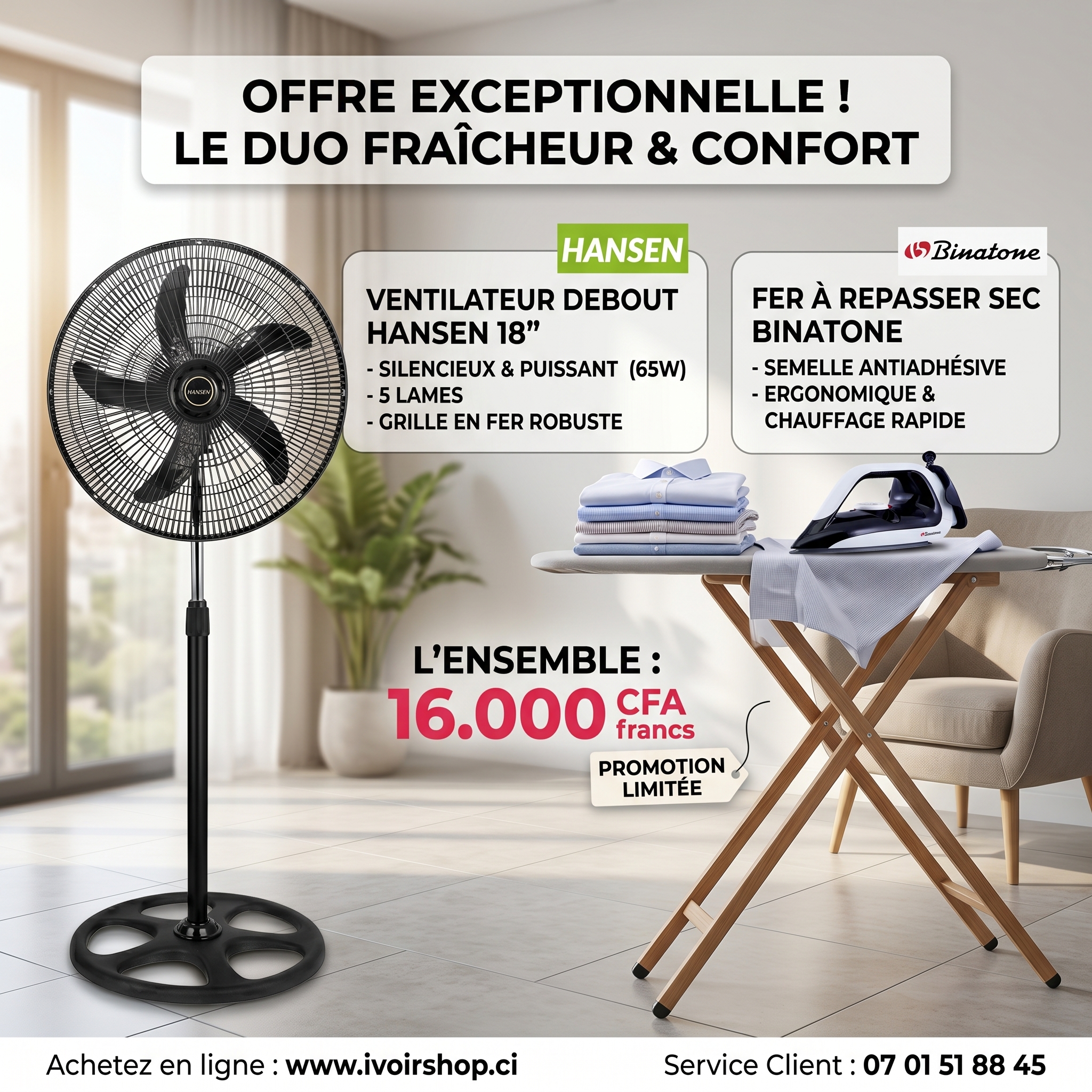 Pack Ventilateur sur pied + fer binatone DI 1255 à sec- (Silencieux à 3 vitesses de 45 cm - 18''/ Performant)