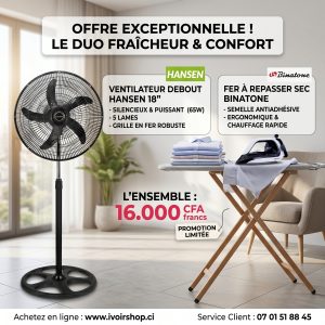 Pack Ventilateur sur pied + fer binatone DI 1255 à sec- (Silencieux à 3 vitesses de 45 cm - 18''/ Performant)