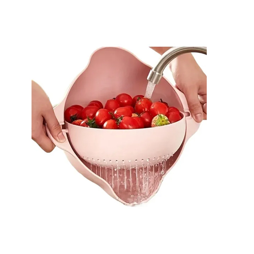 Passoire d'Évier de Cuisine Rotative Flexible à Double Couche Sans BPA, Égouttoir à Salade en PP de Qualité Alimentaire avec Écoulement d'Eau - Rose