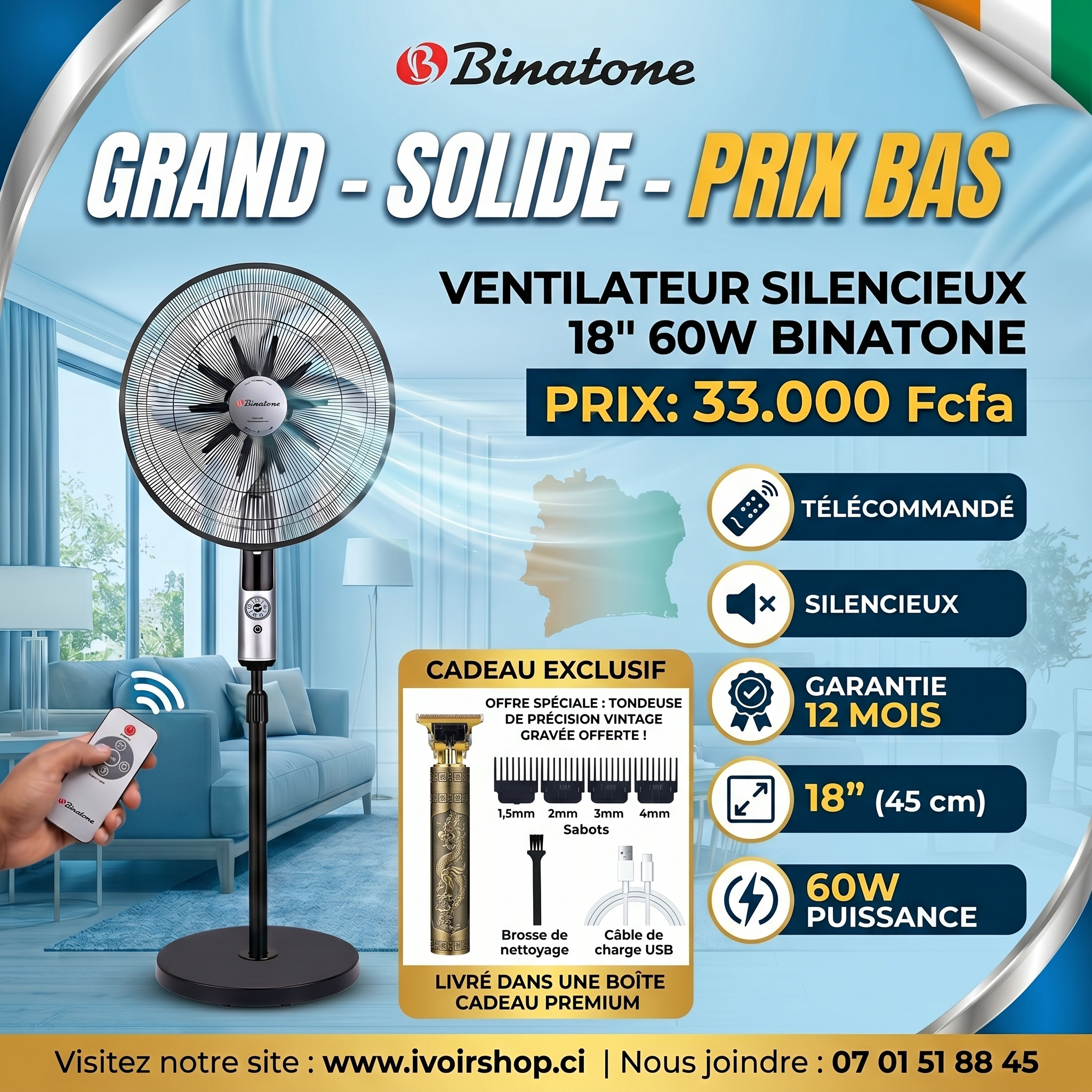 Binatone Ventilateur sur pied Télécommandé Silencieux - 18'' - Rasoir dragon offert