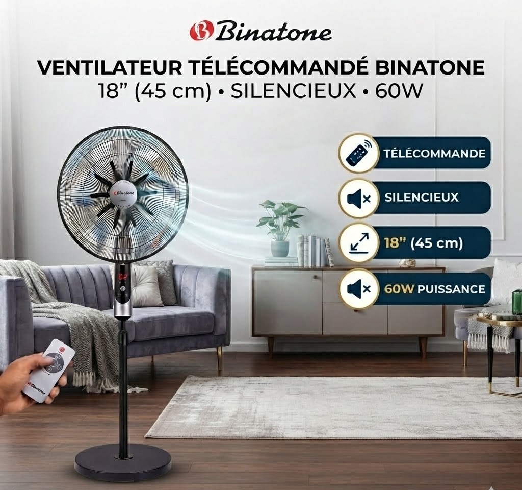 Binatone Ventilateur sur pied Télécommandé Silencieux - 18''