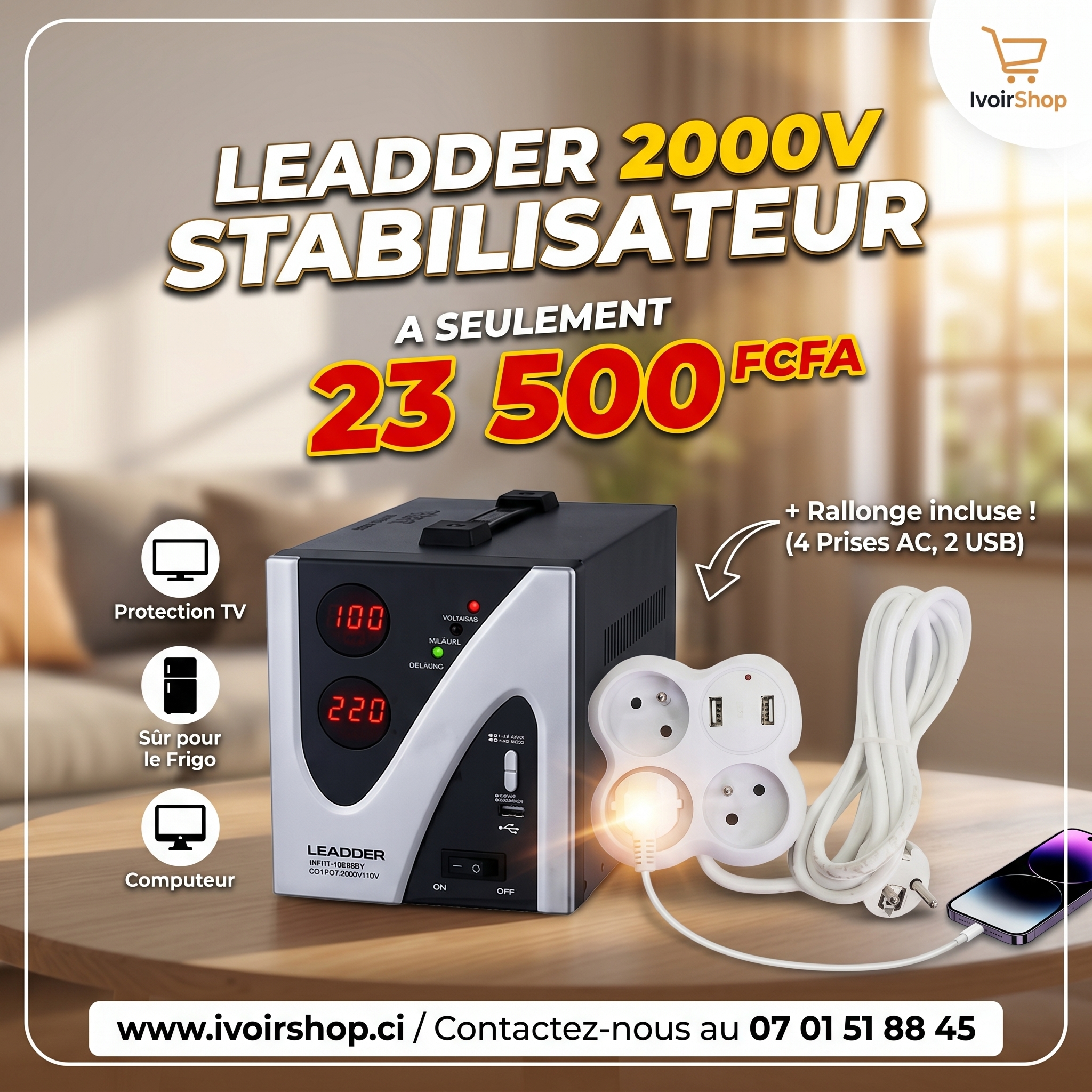 Leadder Stabilisateur De Tension Automatique LEADDER 2000  ( Rallonge offert)