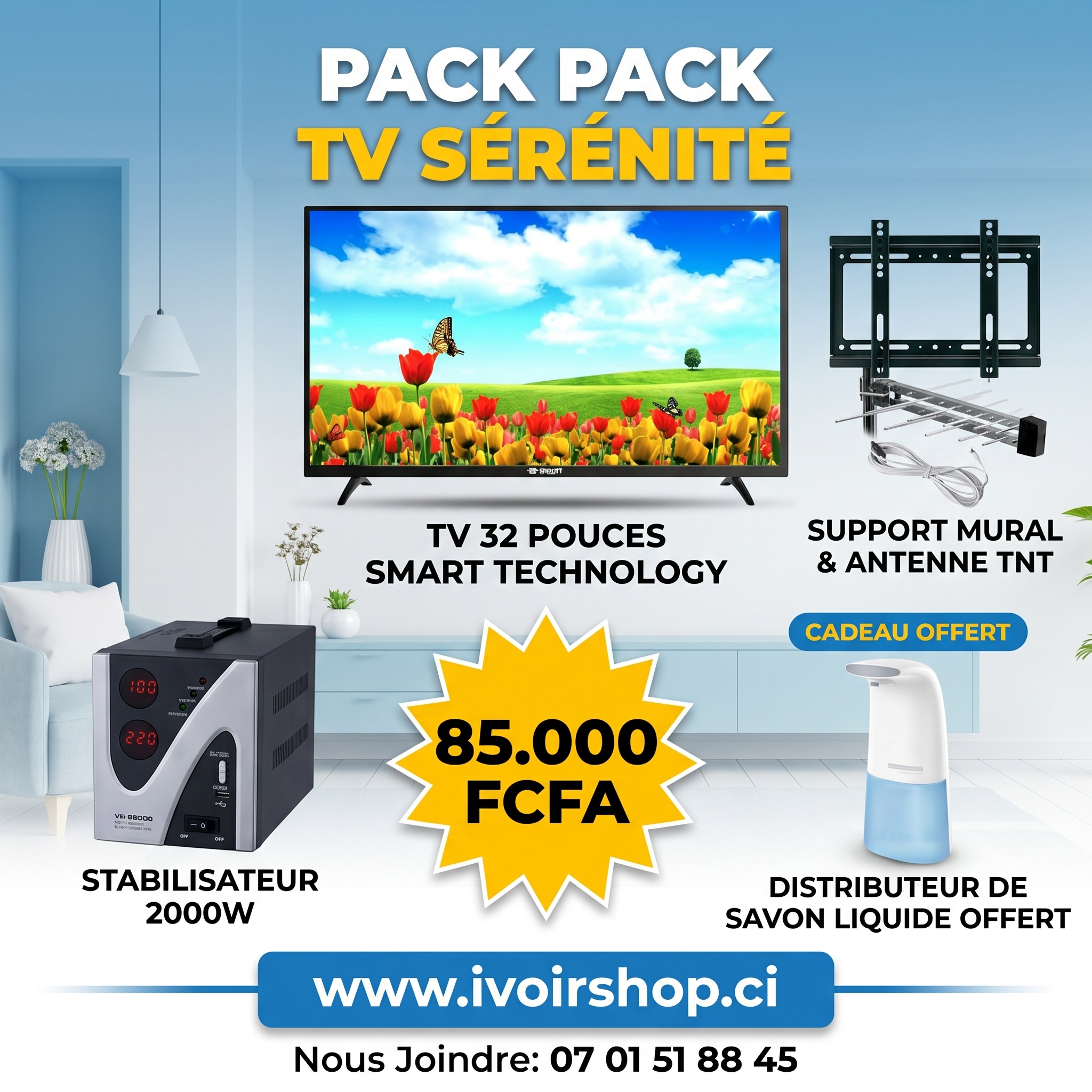 Pack TV sérénité ( TV 32'' smart +stabilisateur 2000volt + Antenne TNT + Support mural)