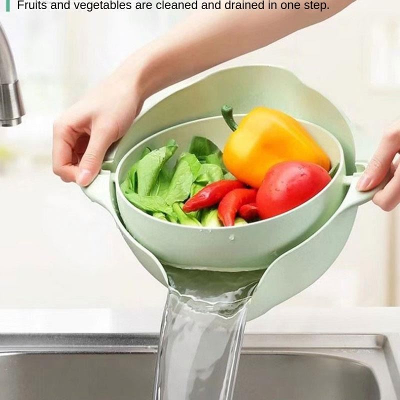 Passoire d'Évier de Cuisine Rotative Flexible à Double Couche Sans BPA, Égouttoir à Salade en PP de Qualité Alimentaire avec Écoulement d'Eau - Vert