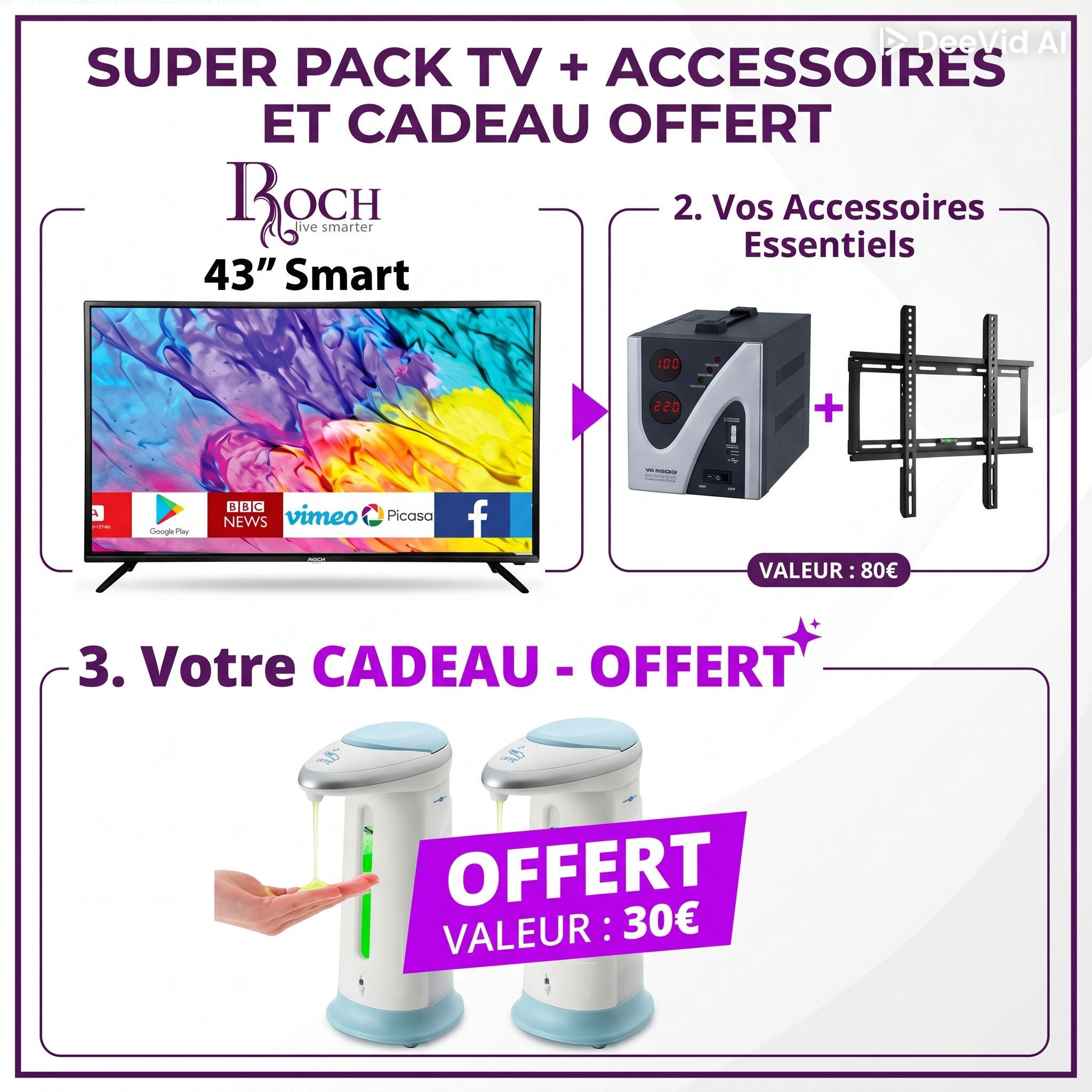 Roch TV LED Roch 43 Pouces WIFI - HD-USB-Décodeur Intégré-3 Mois Garantie + Support Mural + Stabilisateur 2000V