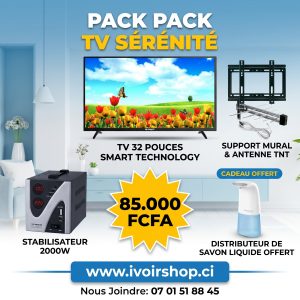 Pack TV sérénité ( TV 32'' smart +stabilisateur 2000volt + Antenne TNT + Support mural)