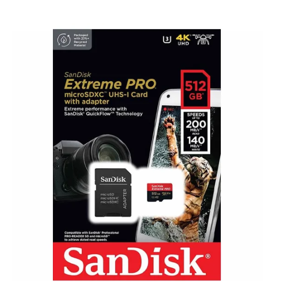 Carte Mémoire microSDXC SanDisk Extreme PRO 512 Go + Adaptateur SD  200 Mo/s, Classe 10, U3, V30
