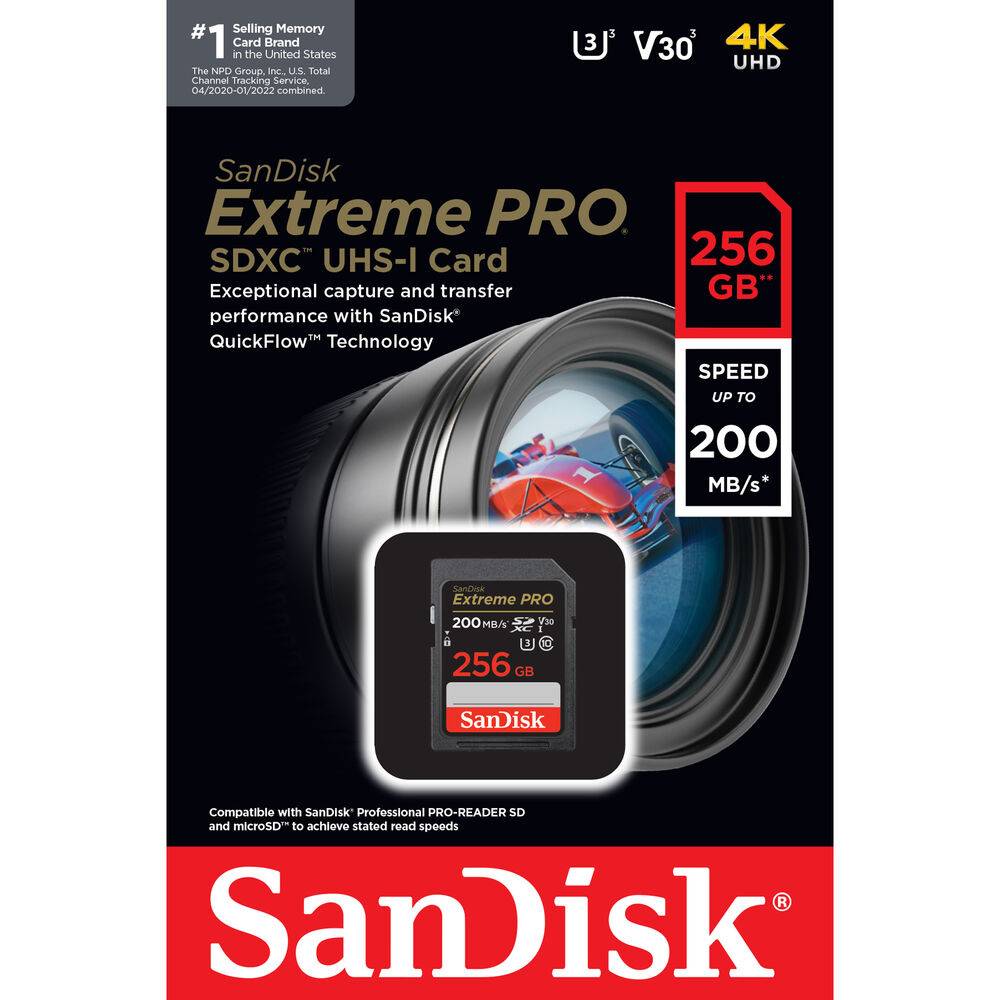 Carte Mémoire SDXC 256 Go Sandisk Extreme Pro jusqu’à 200 Mo-s, Classe 10, U3 V30