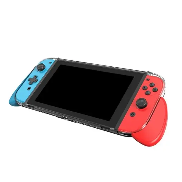 Étui de protection et poignée pour la Nintendo Switch 2 – Année 2025 – Coque transparent blanc et poigné rouge/bleu
