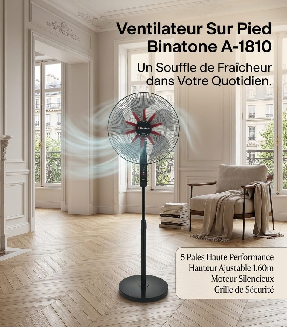 Binatone Ventilateur sur pied 18" Ultra Silencieux 50W - A-1810 - Garantie 24 Mois