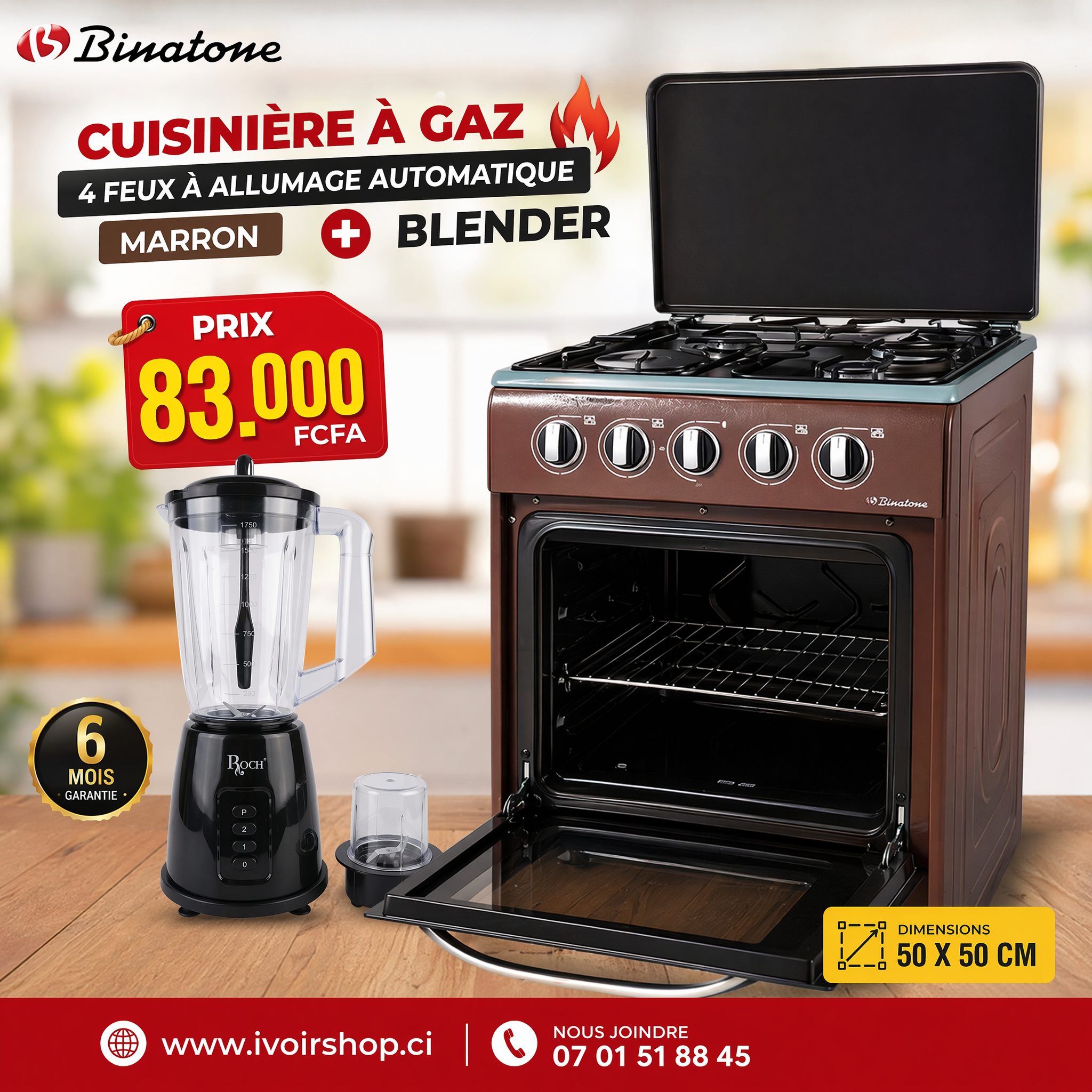 Cuisinière à gaz - Binatone - 50 x 50 cm - 4 feux à allumage automatique - Marron + Blender 2 en 1  - Garantie 6 mois