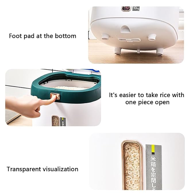 Distributeur De Riz Et Céréales Intelligent - Design Luxe Hermétique + - Beige/Vert - Tasse Mesureuse Incluse 10kg-2