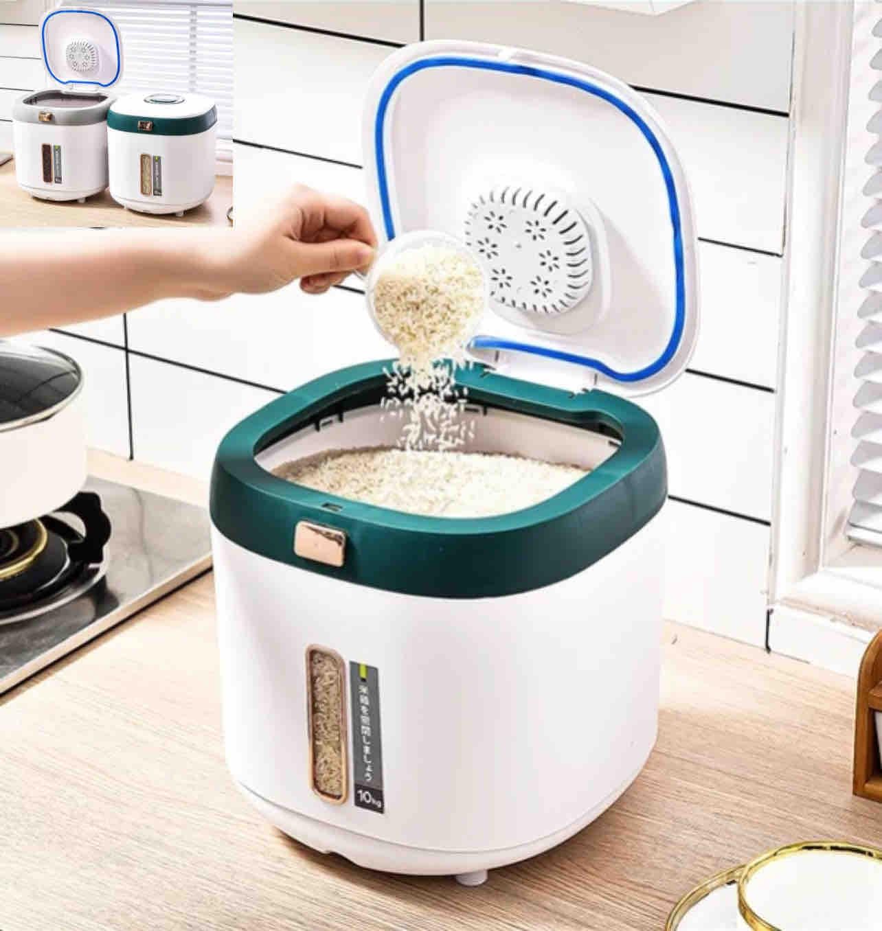Distributeur De Riz Et Céréales Intelligent - Design Luxe Hermétique + - Beige/Vert - Tasse Mesureuse Incluse 10kg