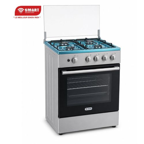 SMART TECHNOLOGY Cuisinière À Gaz 4 Feux Avec Four, Gril & Couvercle En Verre (STC-5060MS) - Plateau Inclus - Finition Inox - Garantie 6 Mois.
