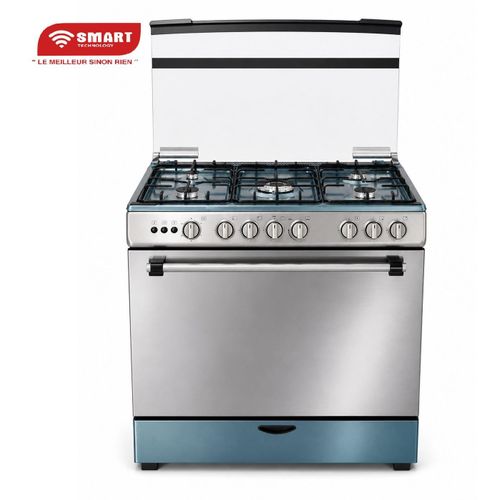 SMART TECHNOLOGY Cuisinière À Gaz 5 Feux Automatique Avec Four, Gril & Couvercle En Verre (STC-9060MS) Plateau Inclus - Inox - Garantie 6 Mois.