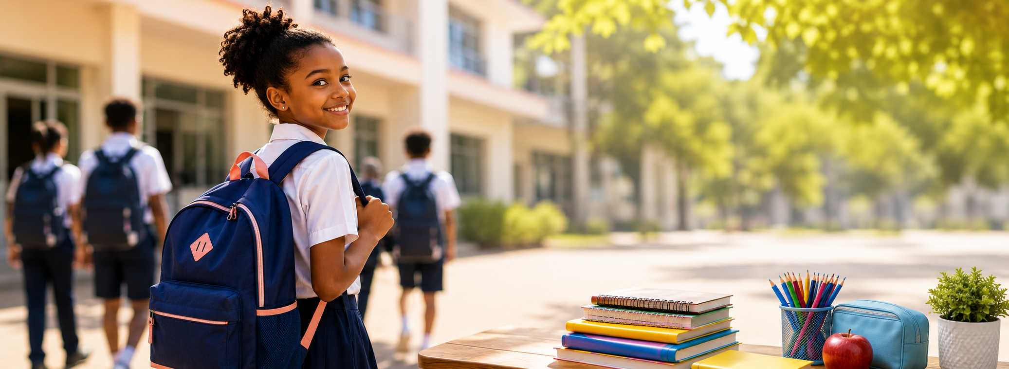 Matériel de rentrée scolaire - sac à dos, ordinateur, téléphone, gourde
