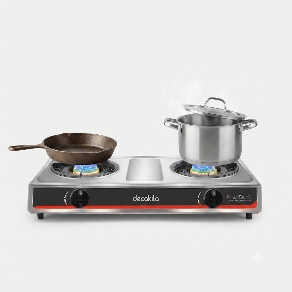 Decakila Cuisinière à Gaz de Table – 2 Feux Inox – Allumage Automatique - 3,2KW*2 KMGS013M
