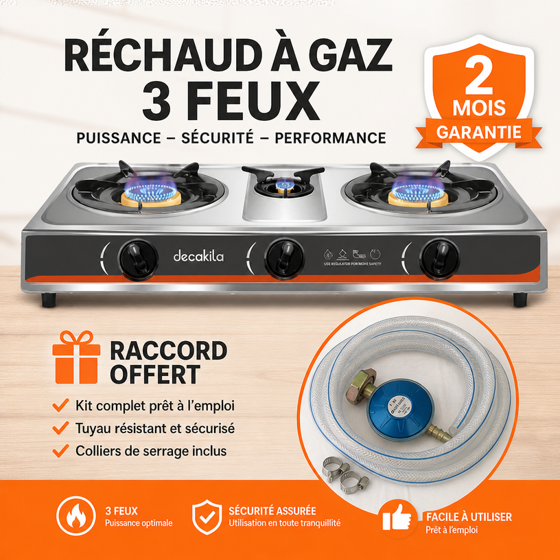 Decakila Cuisinière à Gaz de Table – 3Feux Inox – Allumage Automatique - 2,7KW*2 KMGS041M