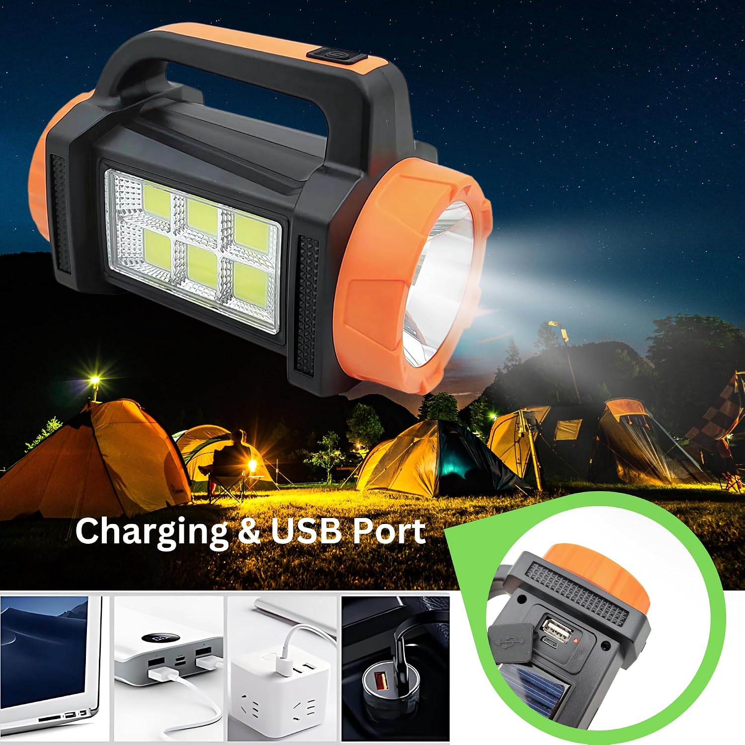 Lampe torche LED rechargeable avec chargement solaire et éclairage