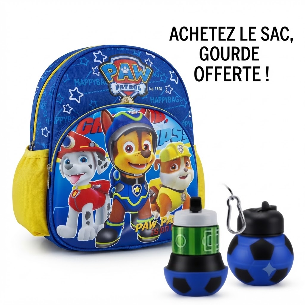 Sac à dos 3D Pat' Patrouille pour enfants de maternelle - CP - CP2 avec gourde silicone rétractable football