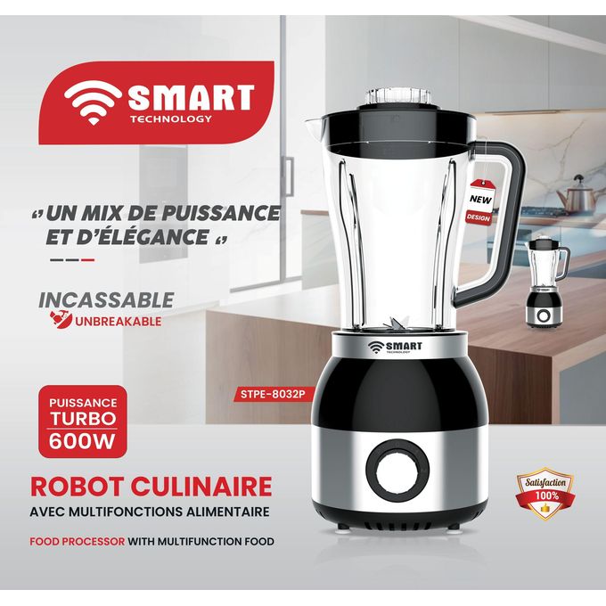 SMART TECHNOLOGY Blender Multifonctions (STPE-8032P) Avec Bol Incassable Résistant à L'eau/ Moteur En Cuivre Pur - 600 W- 1.8 L-  Gris / Garantie 3-3