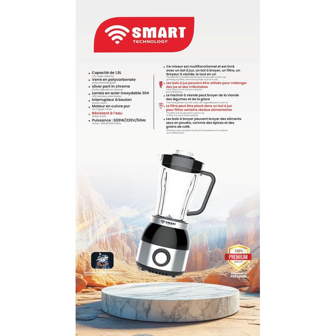 SMART TECHNOLOGY Blender Multifonctions (STPE-8032P) Avec Bol Incassable Résistant à L'eau/ Moteur En Cuivre Pur - 600 W- 1.8 L-  Gris / Garantie 3-5