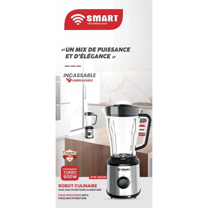 SMART TECHNOLOGY Blender Multifonctions (STPE-8034P) Avec Bol Incassable Résistant à L'eau /Moteur En Cuivre Pur- 600 W - 1.8 L-  Gris / Garantie 3-4