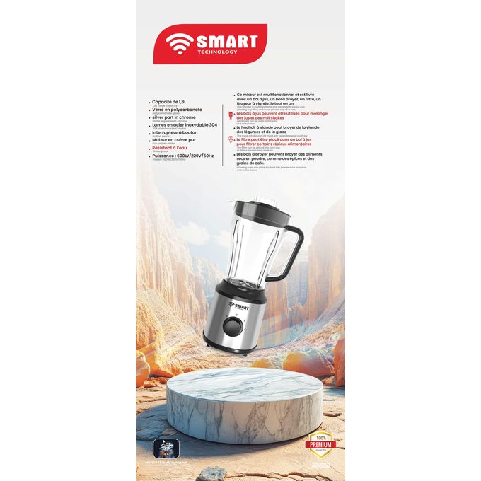 SMART TECHNOLOGY Blender Multifonctions (STPE-8034P) Avec Bol Incassable Résistant à L'eau /Moteur En Cuivre Pur- 600 W - 1.8 L-  Gris / Garantie 3-5