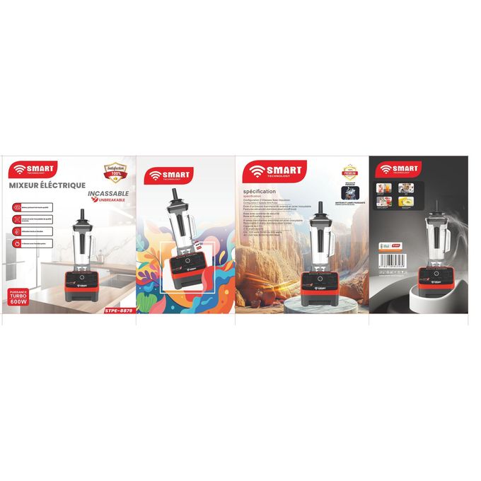 SMART TECHNOLOGY Mixeur Électrique Incassable Robots Rouge (STPE-8879) -Puissance TURBO 600W - 2.5L – 2 Vitesses- Garantie 3 Mois-3