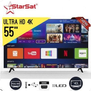 Starsat SMART TV LED 55" Framless Smart Tv 4K Ultra HD - Wifi- android 14 dernière version - Bluetooth- Mira cast - slim tv HD-USB-HDMI-VGA - garantie 12 mois