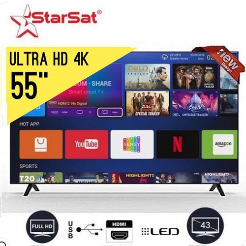 Starsat SMART TV LED 55" Framless Smart Tv 4K Ultra HD - Wifi- android 14 dernière version - Bluetooth- Mira cast - slim tv HD-USB-HDMI-VGA - garantie 12 mois