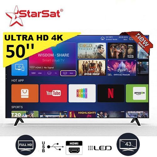 Starsat TV LED 50" Framless smart tv 4K Ultra HD - Wifi- android 14 dernière version - Bluetooth- Mira cast - slim tv HD-USB-HDMI-VGA - garantie 12 mois