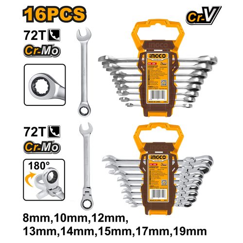 Ingco JEU DE 16PCS DE CLE A CLIQUET 8MM A 19MM DONT 1 LO HKSPAR2016
